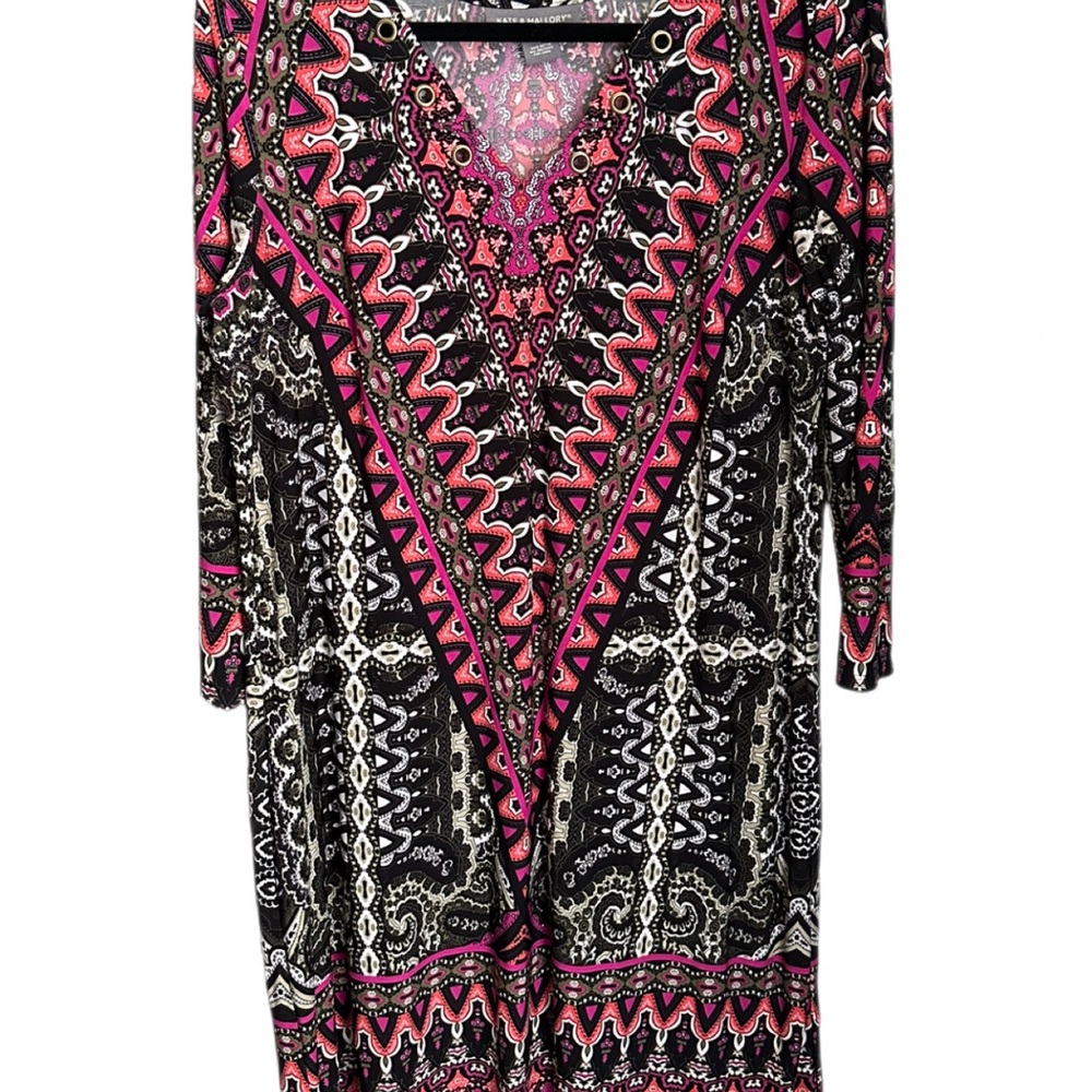 Kate & Mallory Pink and Black Patterned 3/4 Sleeve Dress Size L
